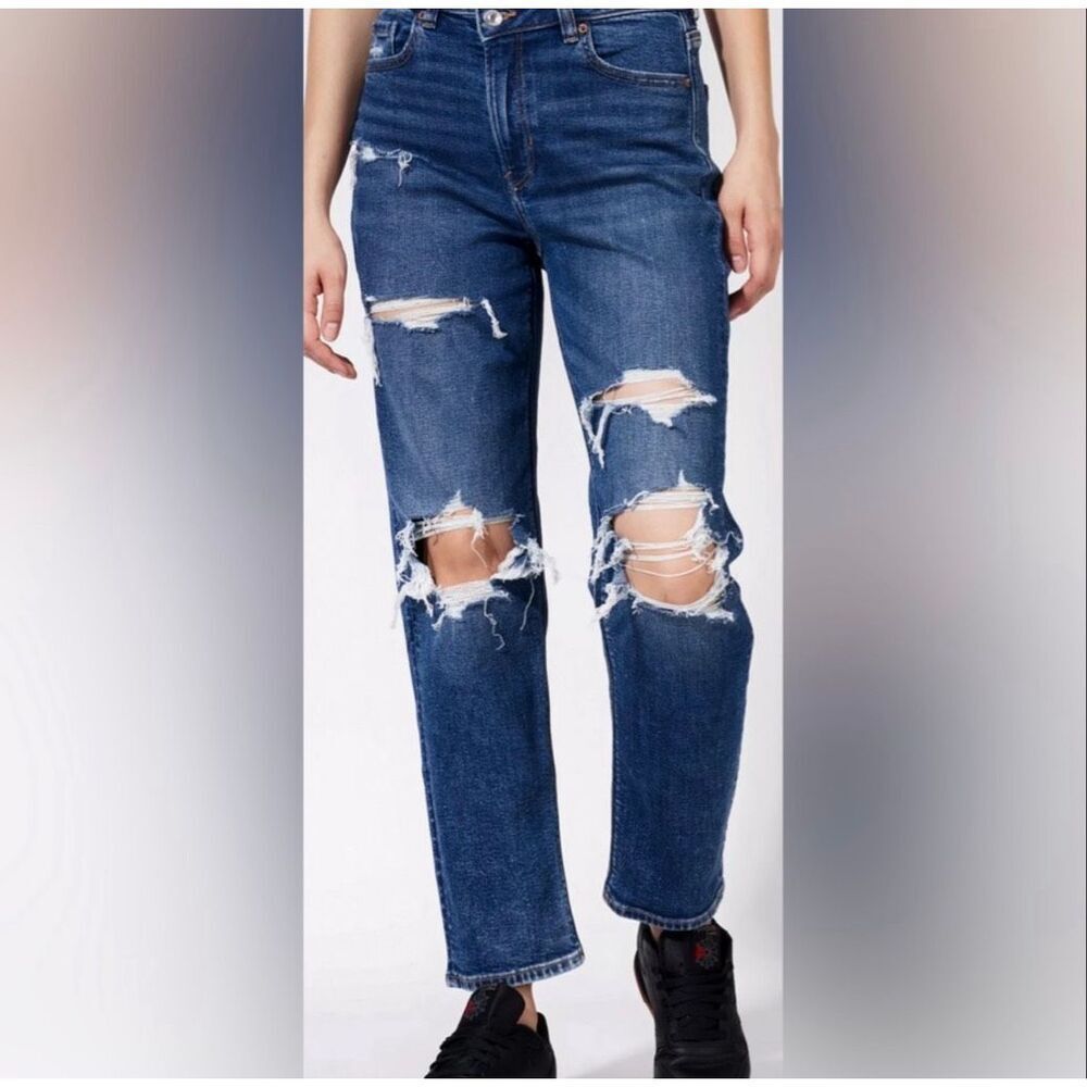 American Eagle Mom Straight Jean Stretch Distressed Dark Denim High Rise Size 6